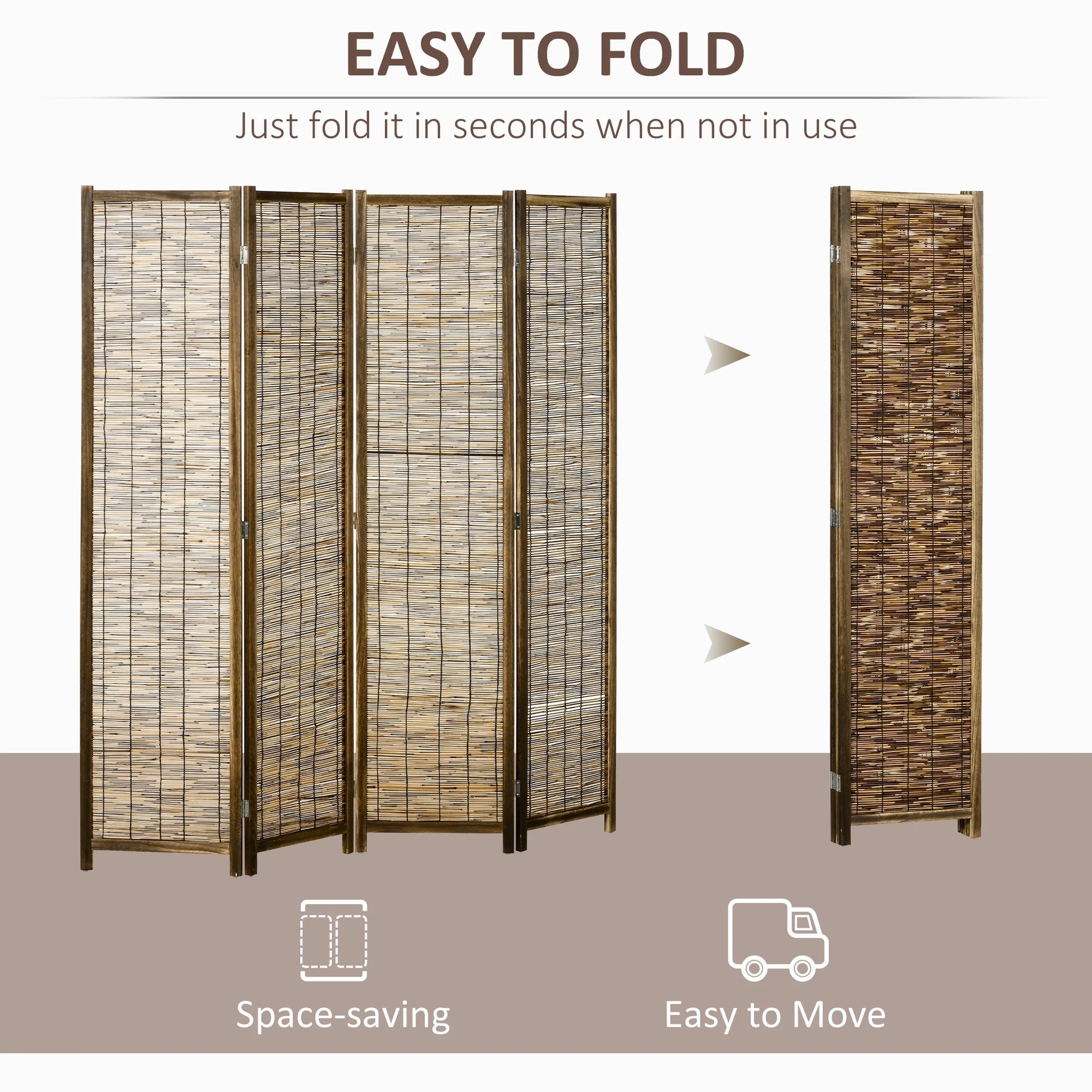 HOMCOM Woven 4 Panel Room Divider, 5.5' Tall Folding Privacy Screen, Brown