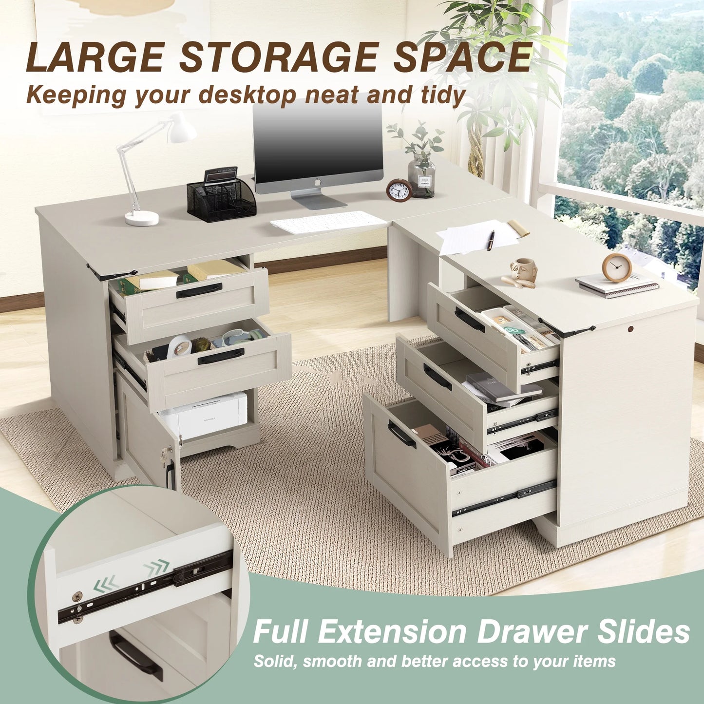 Haverchair 60" Executive L Shaped Desk with Drawers, Farmhouse Home Office Desk with Charging Station, Wood Corner Computer Desk with File Cabinet, Writing Computer Desk for Work and Study