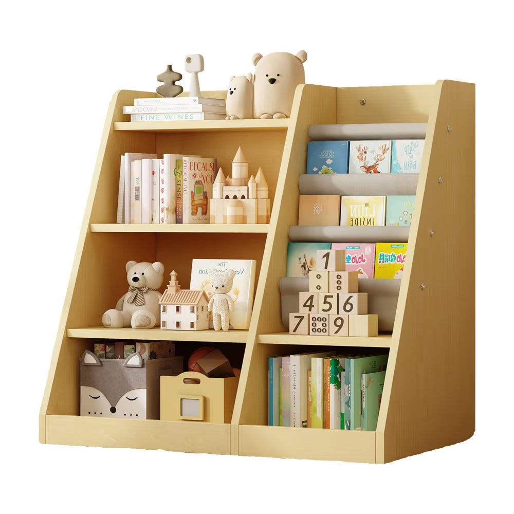 IVV Montessori Kid Bookshelf, Modern Wood Bookcase 4 Tier Children Book Rack Display Toy Storage Organizer Sling Book Rack for Classroom Bedroom Nursery Playroom (Pink)