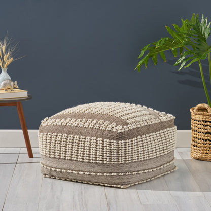 Noble House Lorelei Boho Wool and Cotton Large Ottoman Pouf, Gray and White