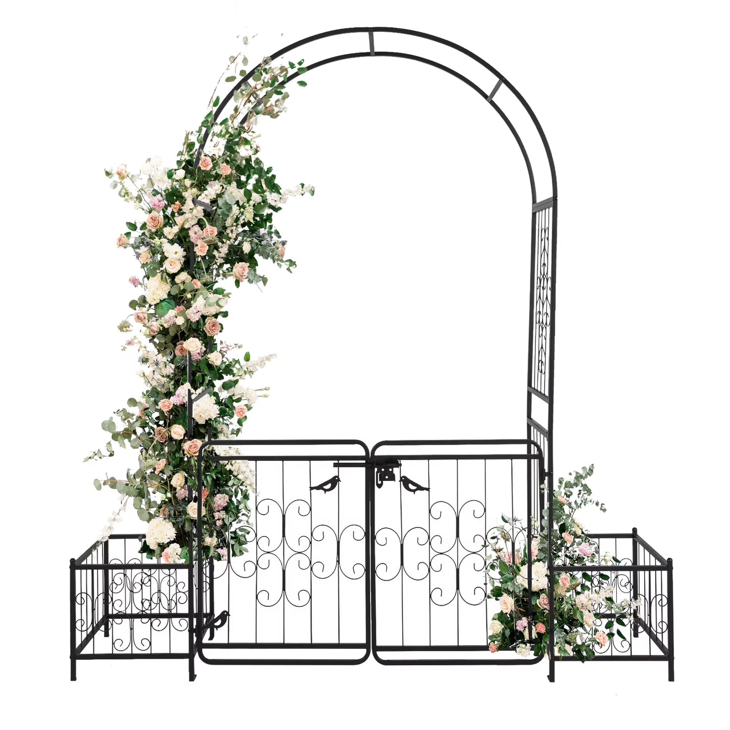 Metal Garden Arbor with Gate and Planter Box, 7.2FT Garden Trellis for Climbing Plants, Patio Wedding Party Lawn Arches Decoration, Black