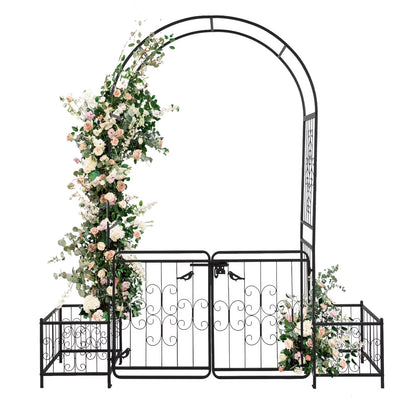 Metal Garden Arbor with Gate and Planter Box, 7.2FT Garden Trellis for Climbing Plants, Patio Wedding Party Lawn Arches Decoration, Black