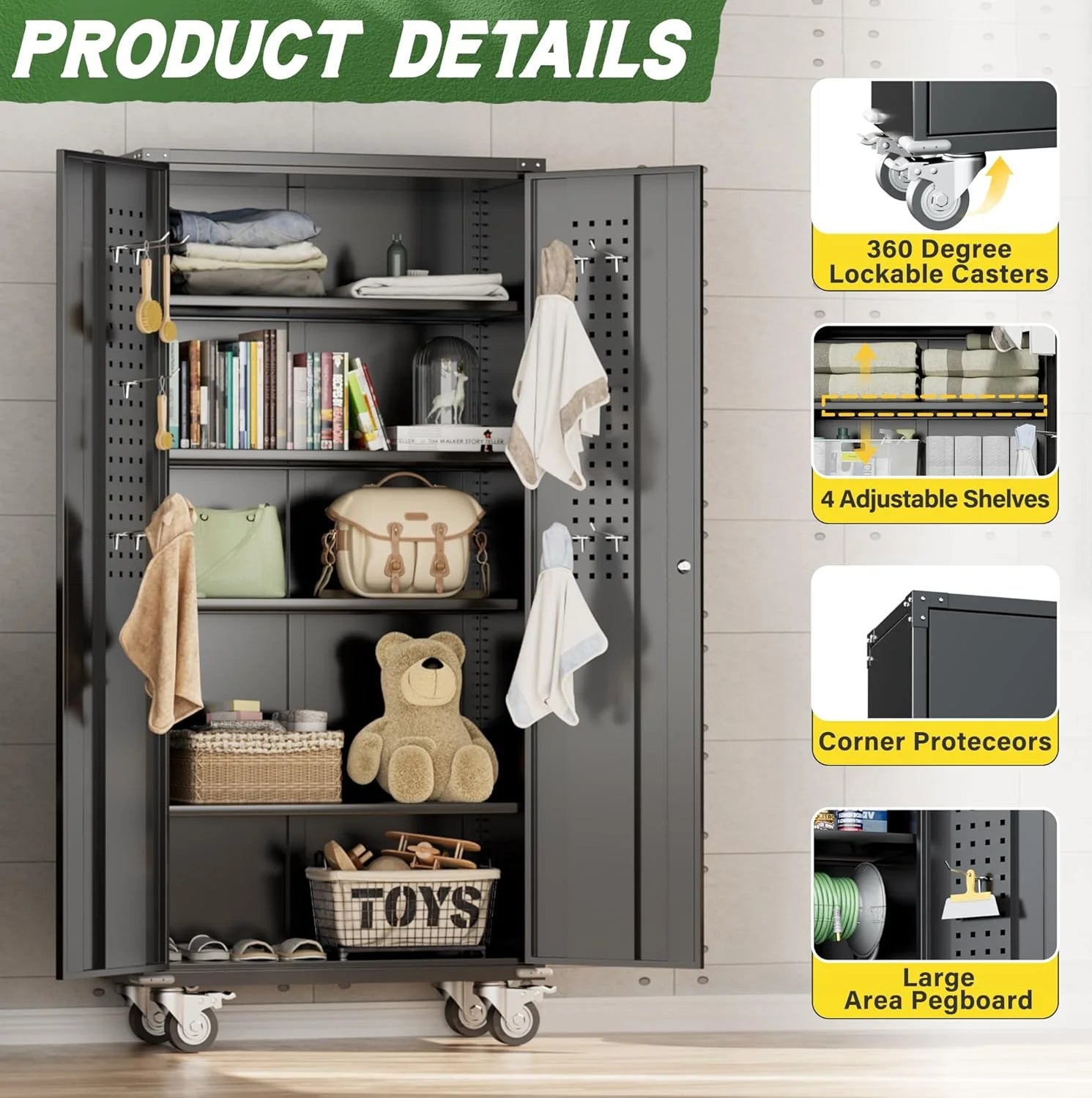 SOLAURA Metal Storage Cabinet with Wheels and Pegboard, 72" Black Garage Rolling Cabinet with 4 Adjustable Shelves, Lockable Tool Storage Cabinets for Home Office