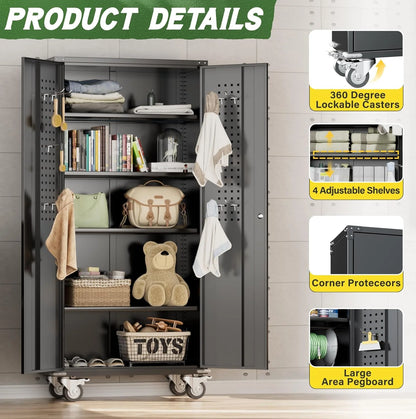 SOLAURA Metal Storage Cabinet with Wheels and Pegboard, 72" Black Garage Rolling Cabinet with 4 Adjustable Shelves, Lockable Tool Storage Cabinets for Home Office
