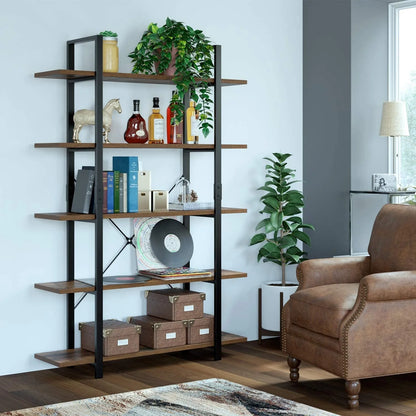 Homfa Industrial 5 Tier Storage Bookshelf , Wood Bookcase Shelf Unit with Metal Frame for Home Office Living Room, Rustic Brown