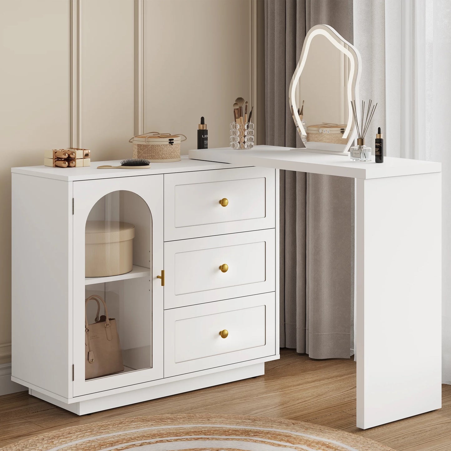 CozyHome 59° Extendable Corner Vanity Desk with Rotatable Tabletop, Large White Makeup Vanity Table for Women Girl, 3 Drawer & 1 Door, Wood Vanity Dresser for Apartment, Dorm, Study Room, Home Office