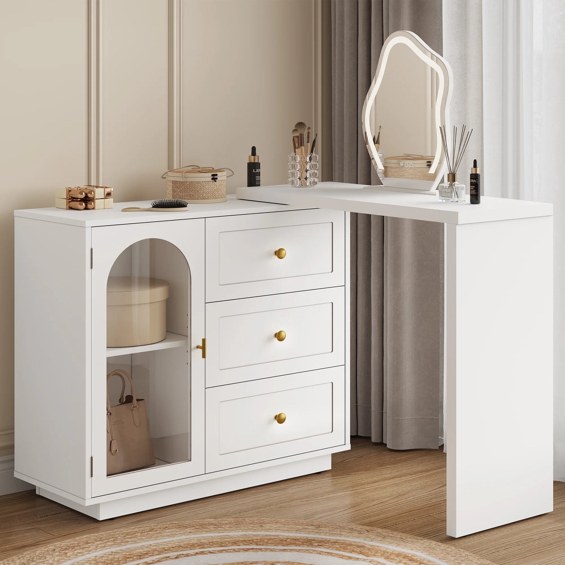 CozyHome 59° Extendable Corner Vanity Desk with Rotatable Tabletop, Large White Makeup Vanity Table for Women Girl, 3 Drawer & 1 Door, Wood Vanity Dresser for Apartment, Dorm, Study Room, Home Office