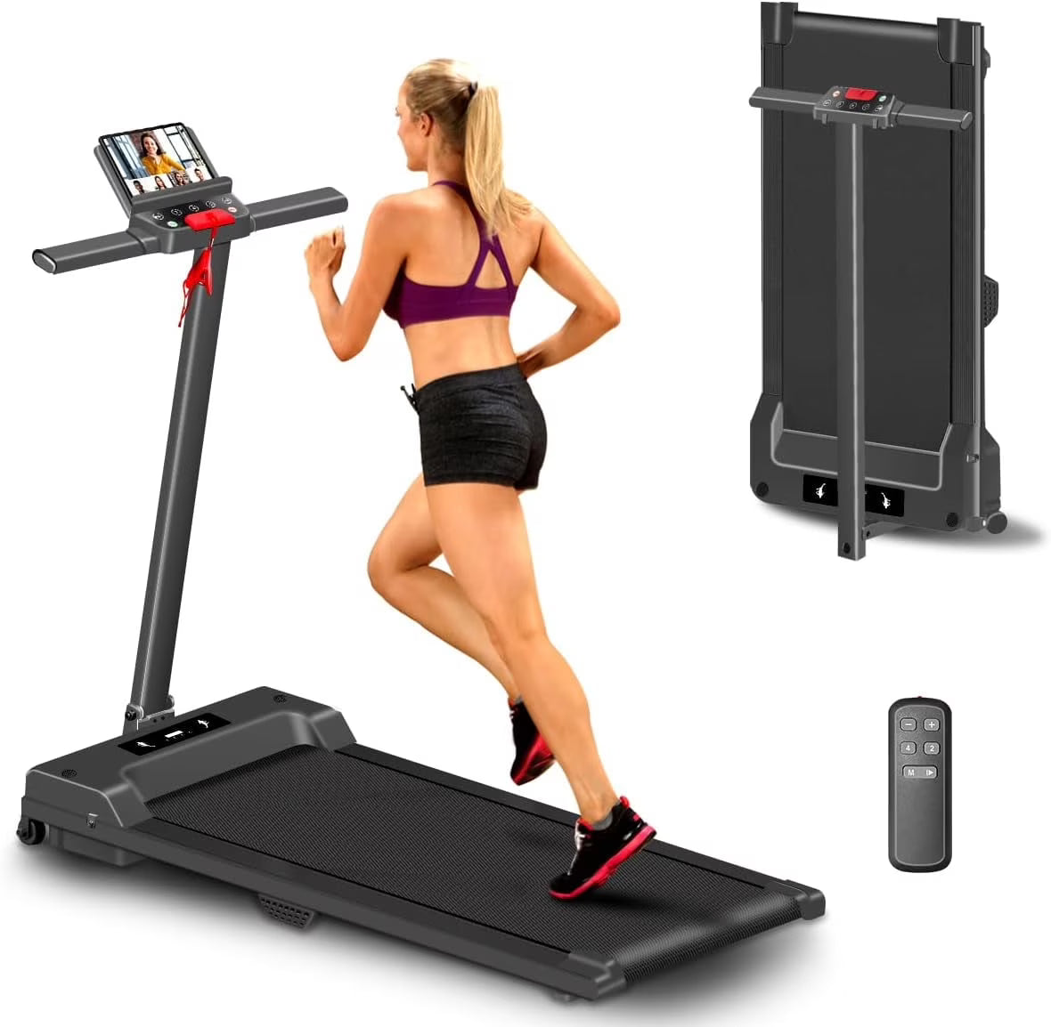 2 in 1 Walking Pad Treadmill, Foldable Treadmills with Handle Bar, 2.5HP Portable Folding Treadmill with Remote Control, Under Desk Treadmill for Home Office, 300lbs, Black