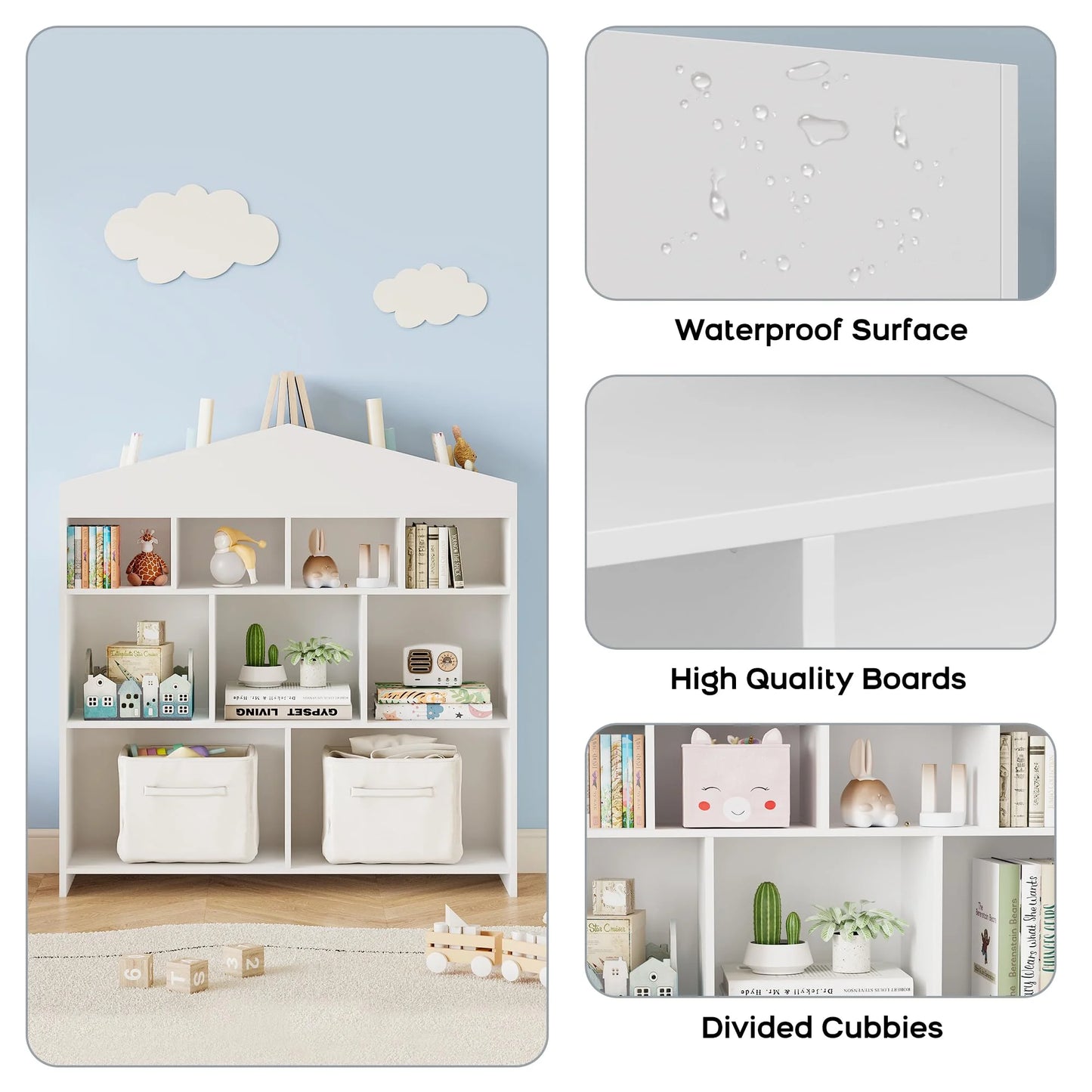 DSstyles Kids Bookshelf 9-Cubby Toy Storage Organizer White Bookcase Toddlers Playhouse Cabinet Shelf for Boys Girls Wooden Storage Toy Shelf for Playroom, Nursery, Kids Room