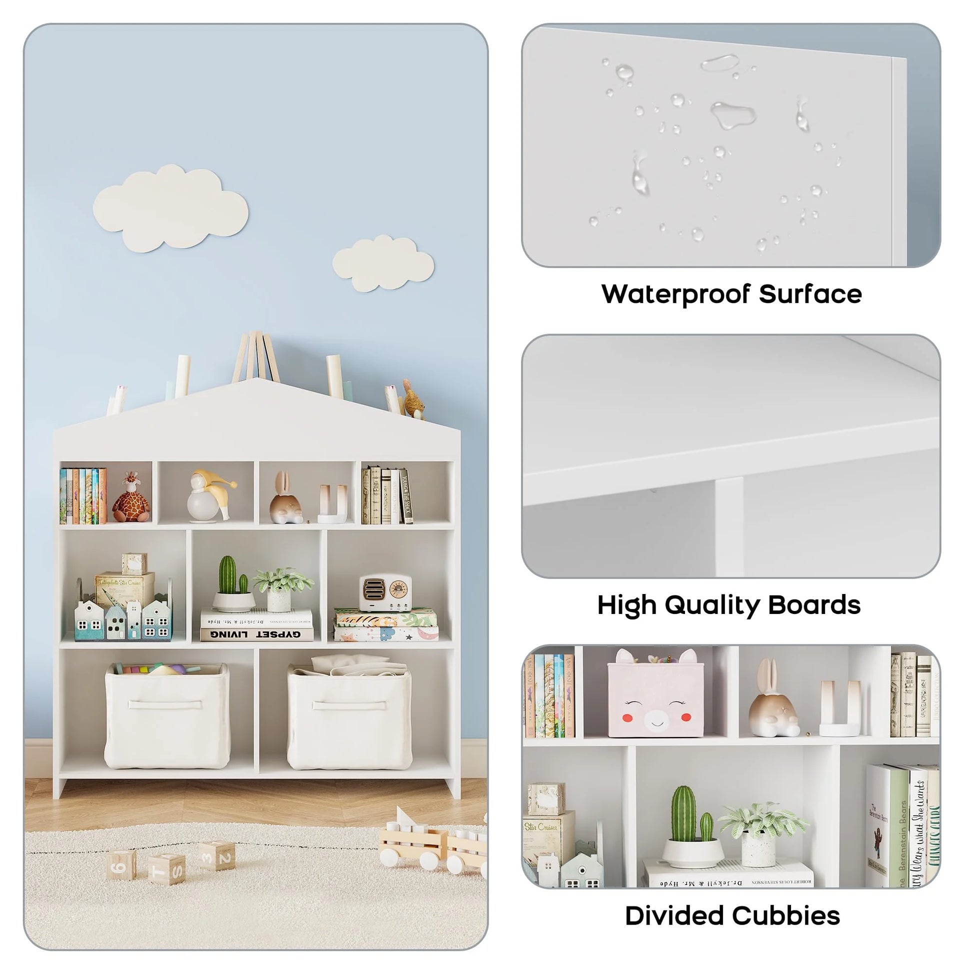 DSstyles Kids Bookshelf 9-Cubby Toy Storage Organizer White Bookcase Toddlers Playhouse Cabinet Shelf for Boys Girls Wooden Storage Toy Shelf for Playroom, Nursery, Kids Room