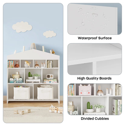 DSstyles Kids Bookshelf 9-Cubby Toy Storage Organizer White Bookcase Toddlers Playhouse Cabinet Shelf for Boys Girls Wooden Storage Toy Shelf for Playroom, Nursery, Kids Room