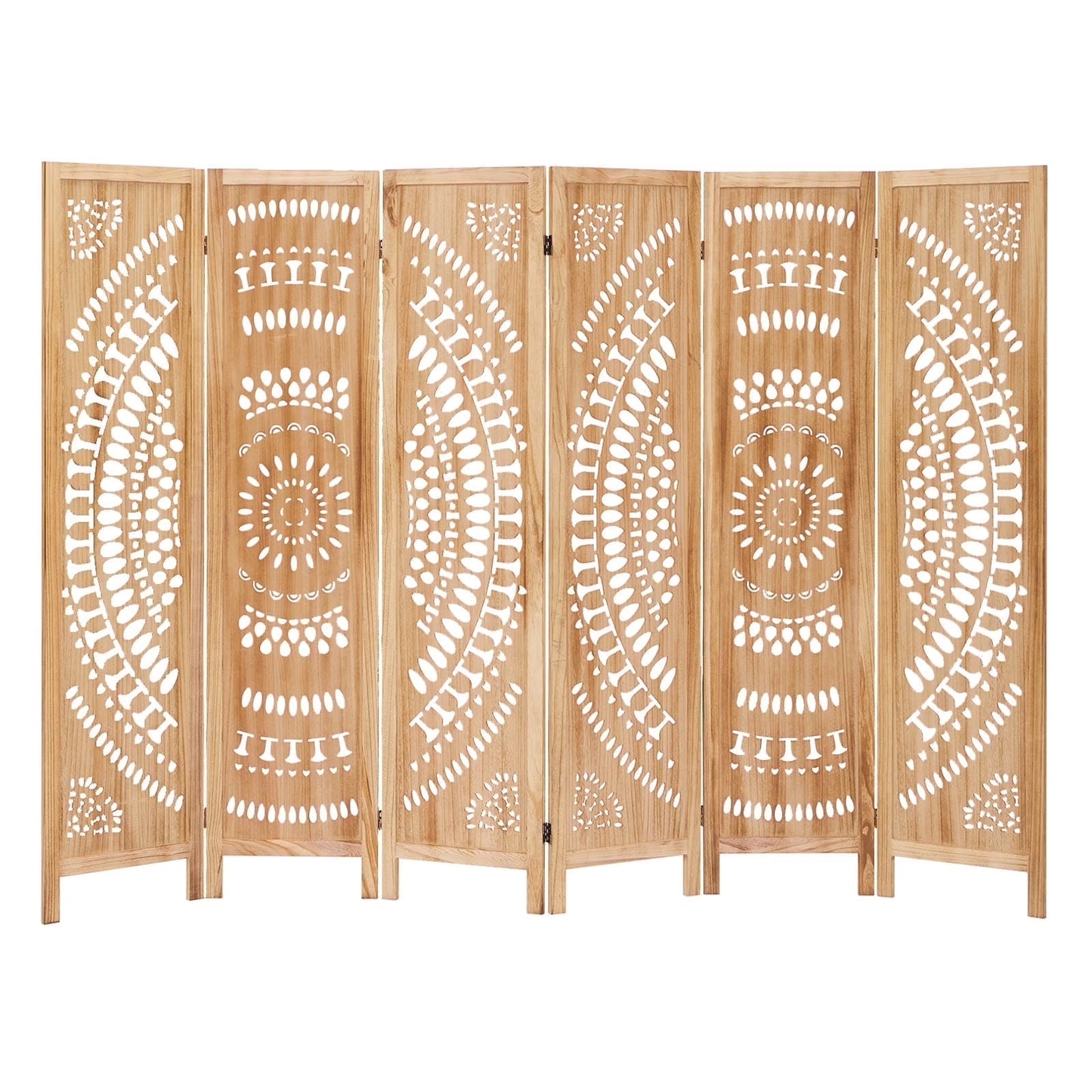 Aletheiawu 6 Panel Wood Carved Room Dividers, Folding Screens, No Installation Required, Light Brown
