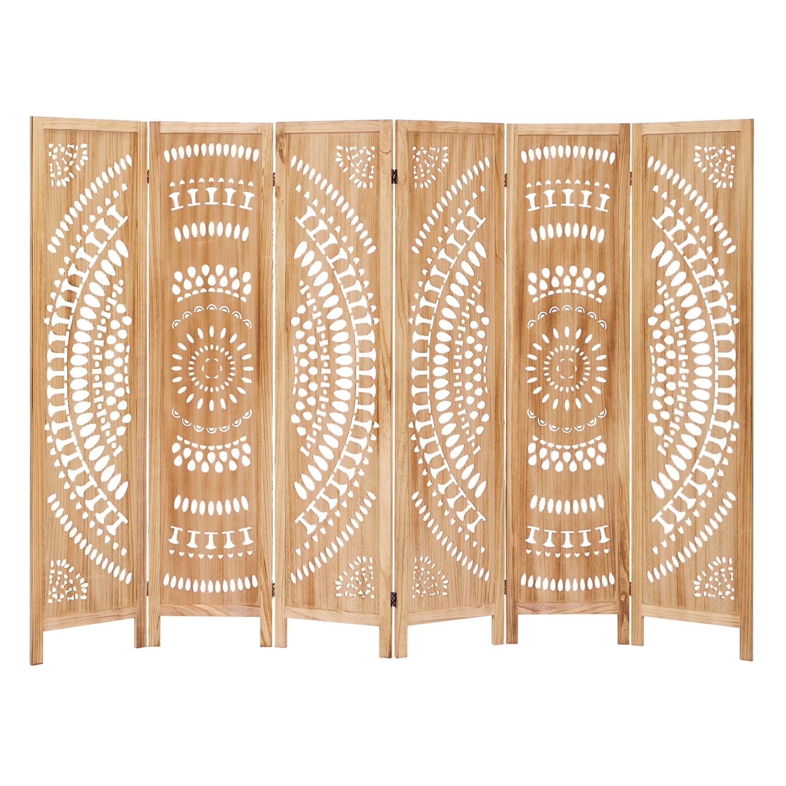 Aletheiawu 6 Panel Wood Carved Room Dividers, Folding Screens, No Installation Required, Light Brown