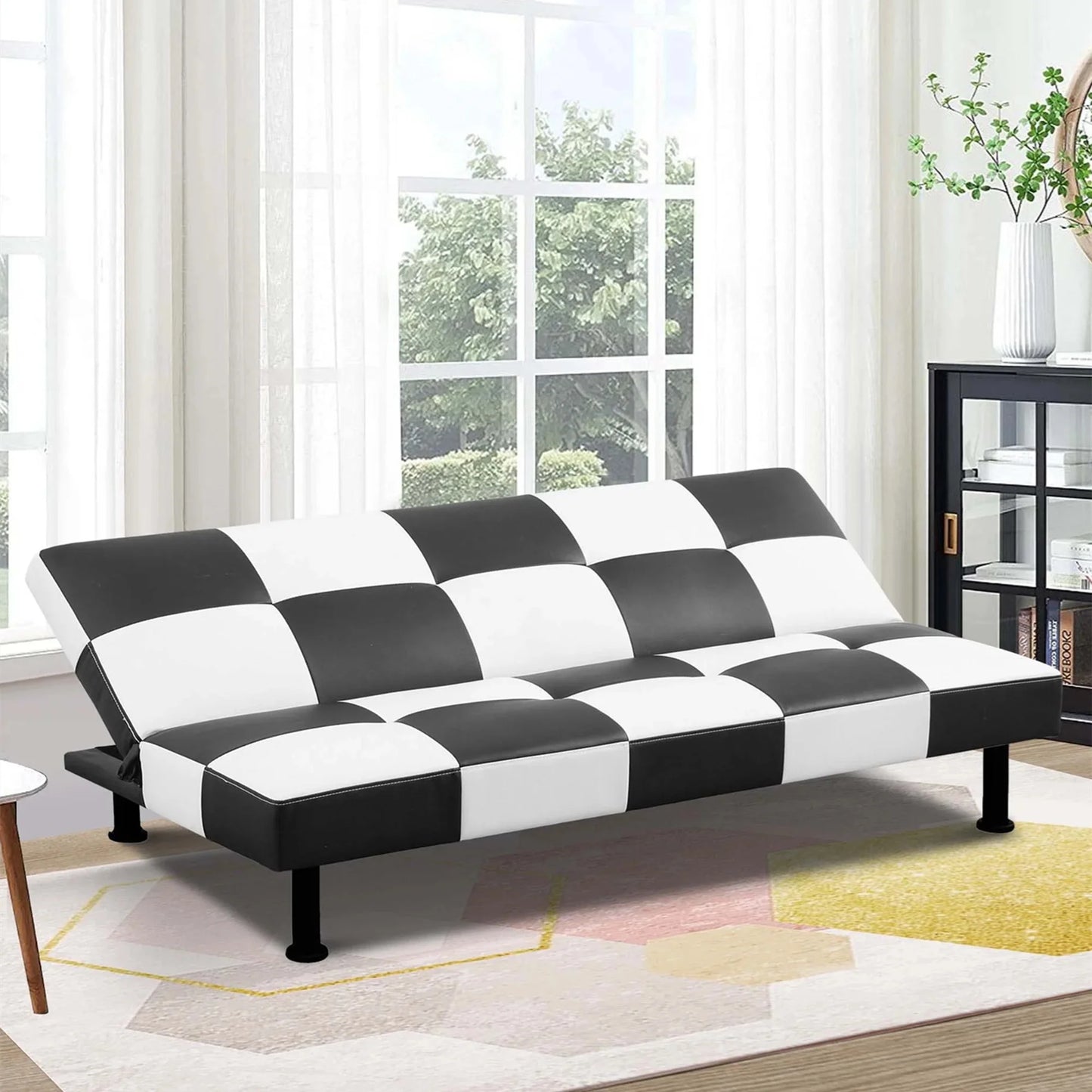 Aukfa Faux Leather Futon Convertible Sofa Bed for Home Office Twin Size, Black& White