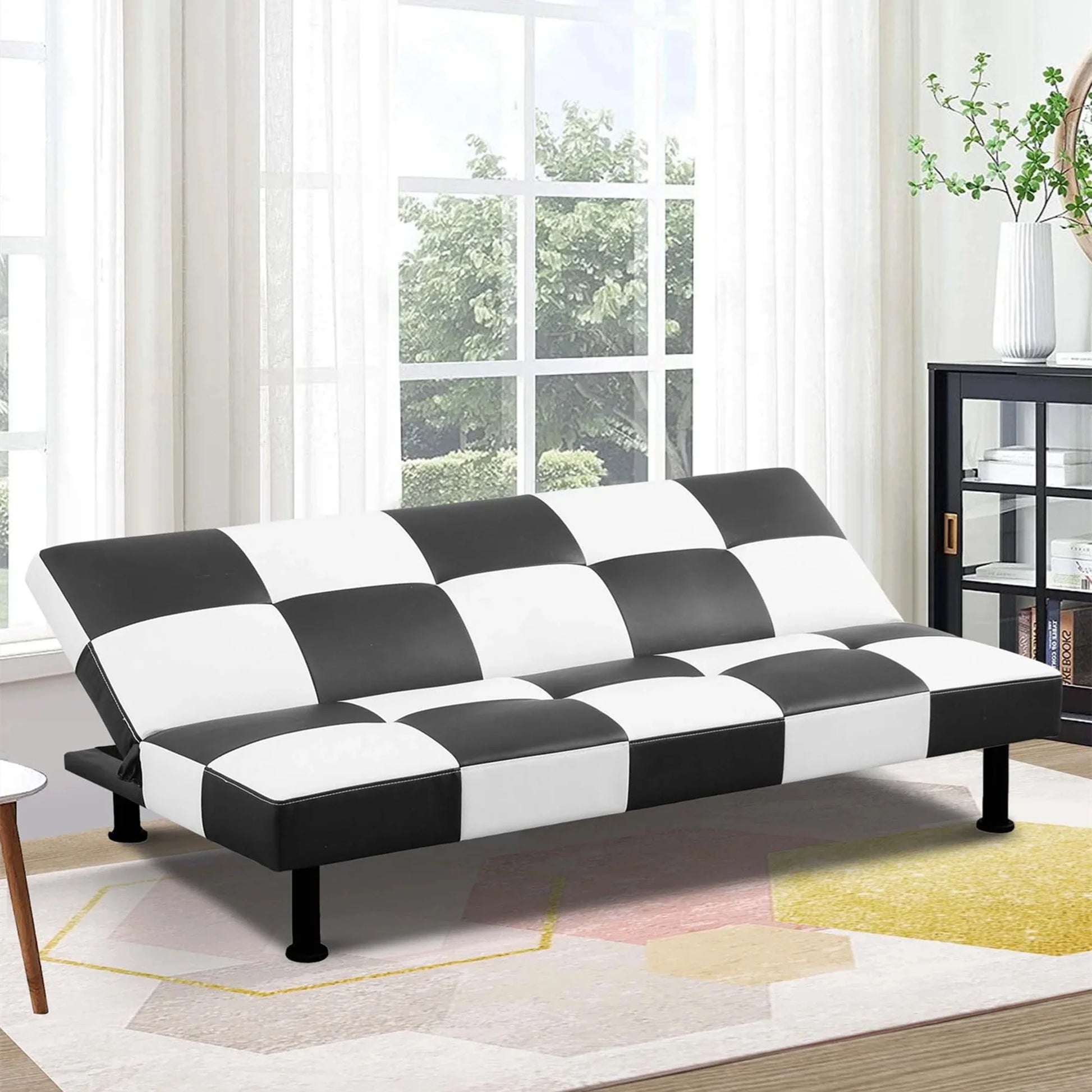 Aukfa Faux Leather Futon Convertible Sofa Bed for Home Office Twin Size, Black& White
