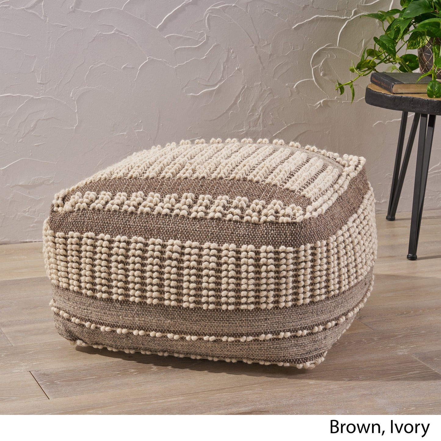 Hellen Boho Wool and Cotton Large Ottoman Pouf, Gray and White