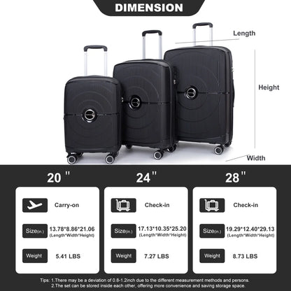 3 Pieces Luggage Set (20/24/28), Expandable PP Lightweight Hardshell Durable Suitcase with 4 Double 360 Degrees Mute Spinner Wheels and TSA Lock for Men Women, Black