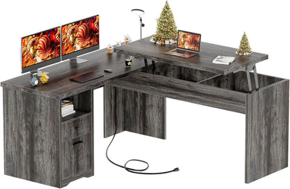 Homieasy L Shaped Desk with Power Outlets and USB Charging Ports, Lift Top Corner Computer Desk with Drawer, Large Office Desk with Storage Shelves, L Shaped Standing Desk for Home Office, Black Oak