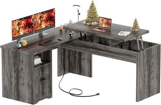 Homieasy L Shaped Desk with Power Outlets and USB Charging Ports, Lift Top Corner Computer Desk with Drawer, Large Office Desk with Storage Shelves, L Shaped Standing Desk for Home Office, Black Oak
