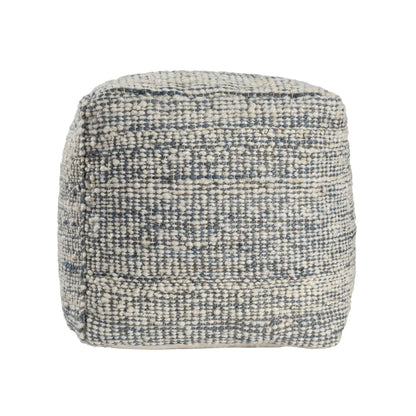 Ox Bay Shiela Square Ivory/Blue Distressed Indoor Pouf Ottoman, 18"H x 18"W