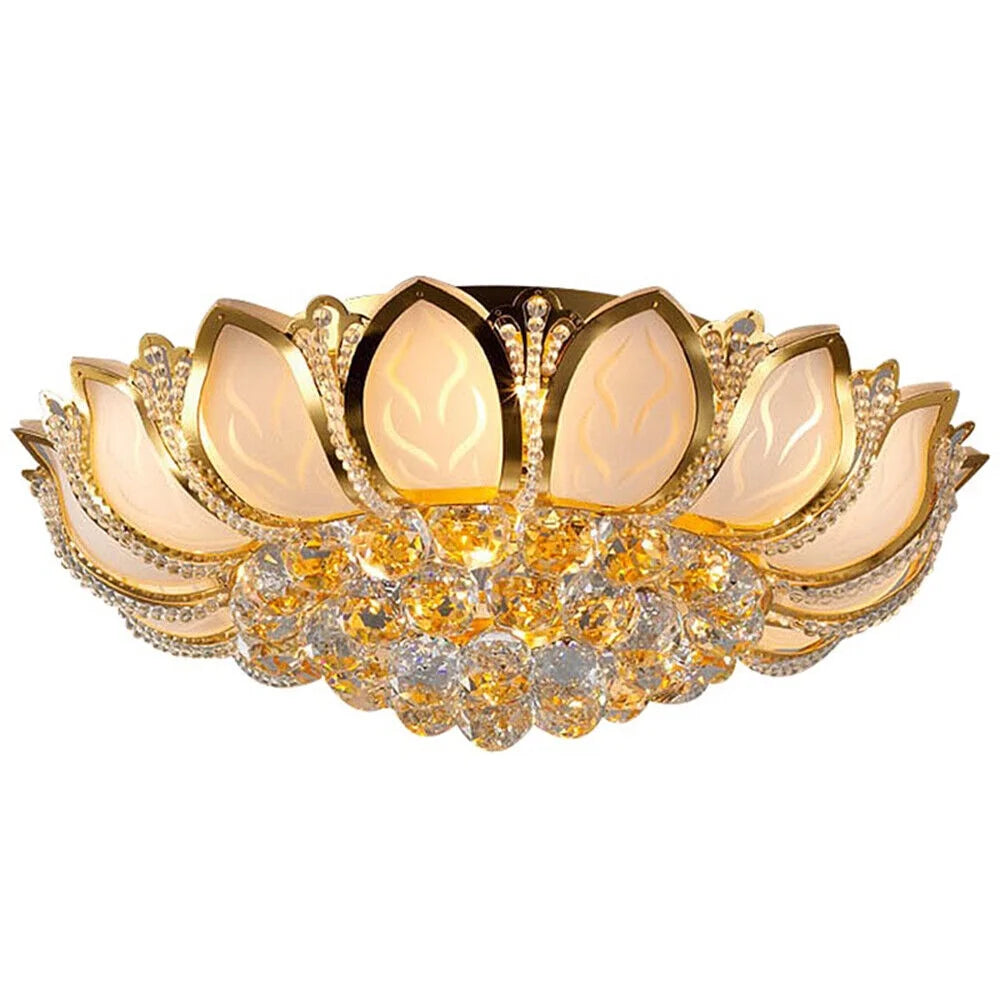 Crystal Ceiling Lamp Modern Chandelier 110V Gold Flower Shape Pendant Light Fixture 23.5 in Bedroom Flush Mount Hanging Lamp for Living Room Bedroom Hallway (No Remote Control)