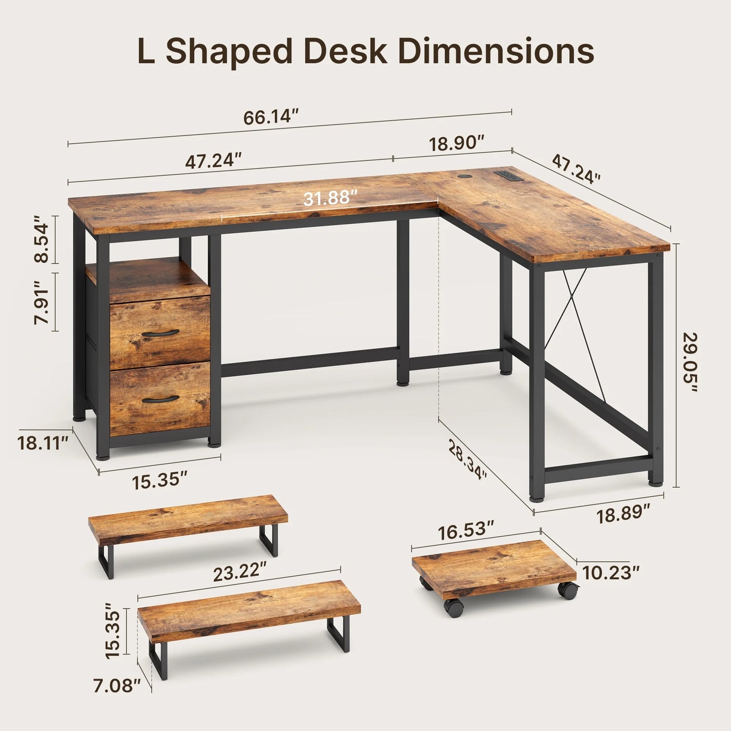 66" L Shaped Computer Desk with Power Outlets, Gaming Desk with Shelf and Drawers for Home Office, Black
