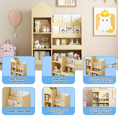 PORKISS Bookshelf for Kids, Wood Kids Bookcase with Toy Storage Organizer, Freestanding Book Shelf with 6 Compartments and 2 Baskets Bins for Kids Bedroom, Nursery, Playroom, Natural
