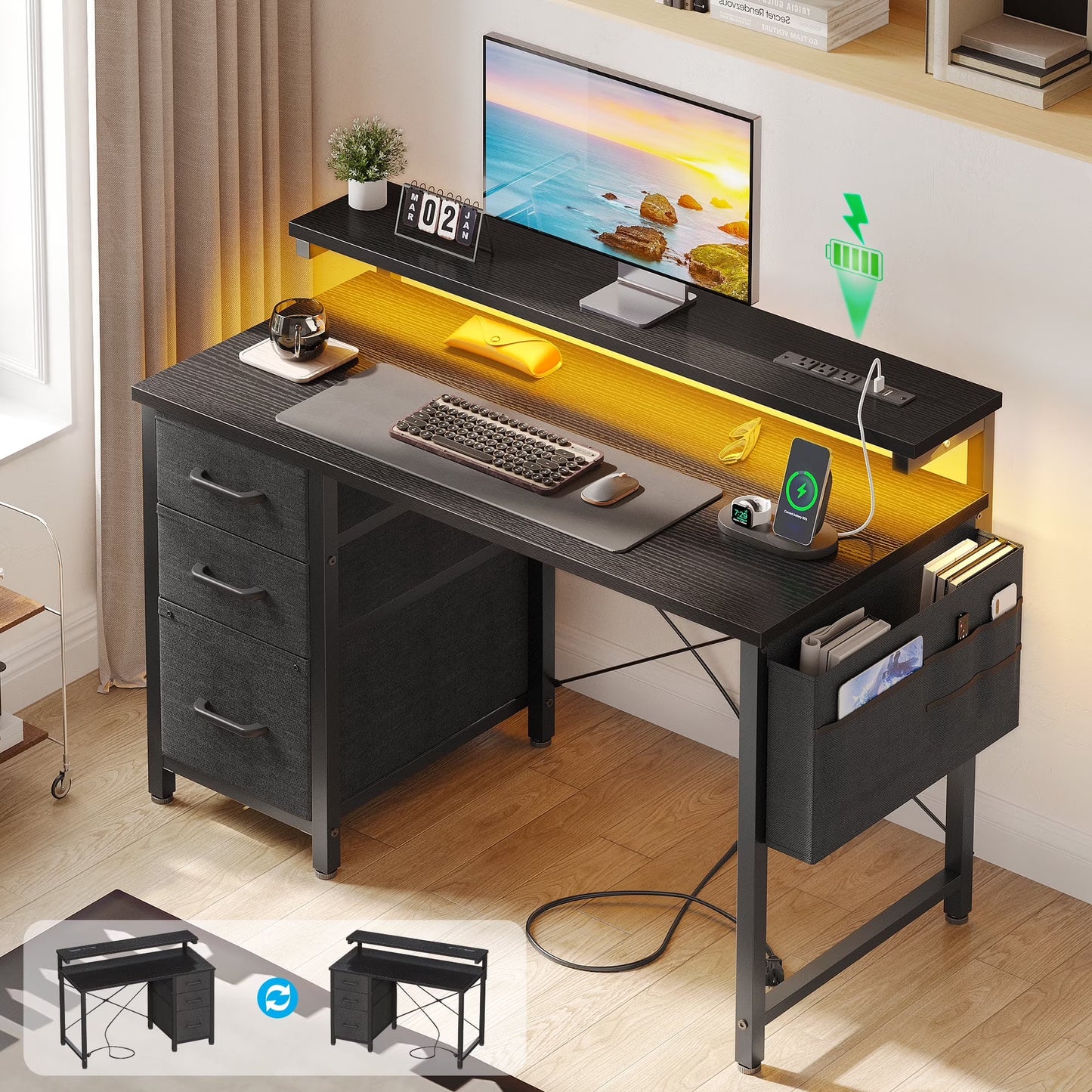 40 inch Computer Desk with Power Outlets & LED Lights, Home Office Desk with 3 Drawers & Adjustable Monitor Shelf,, Writing Desk with Storage Bag, Vintage