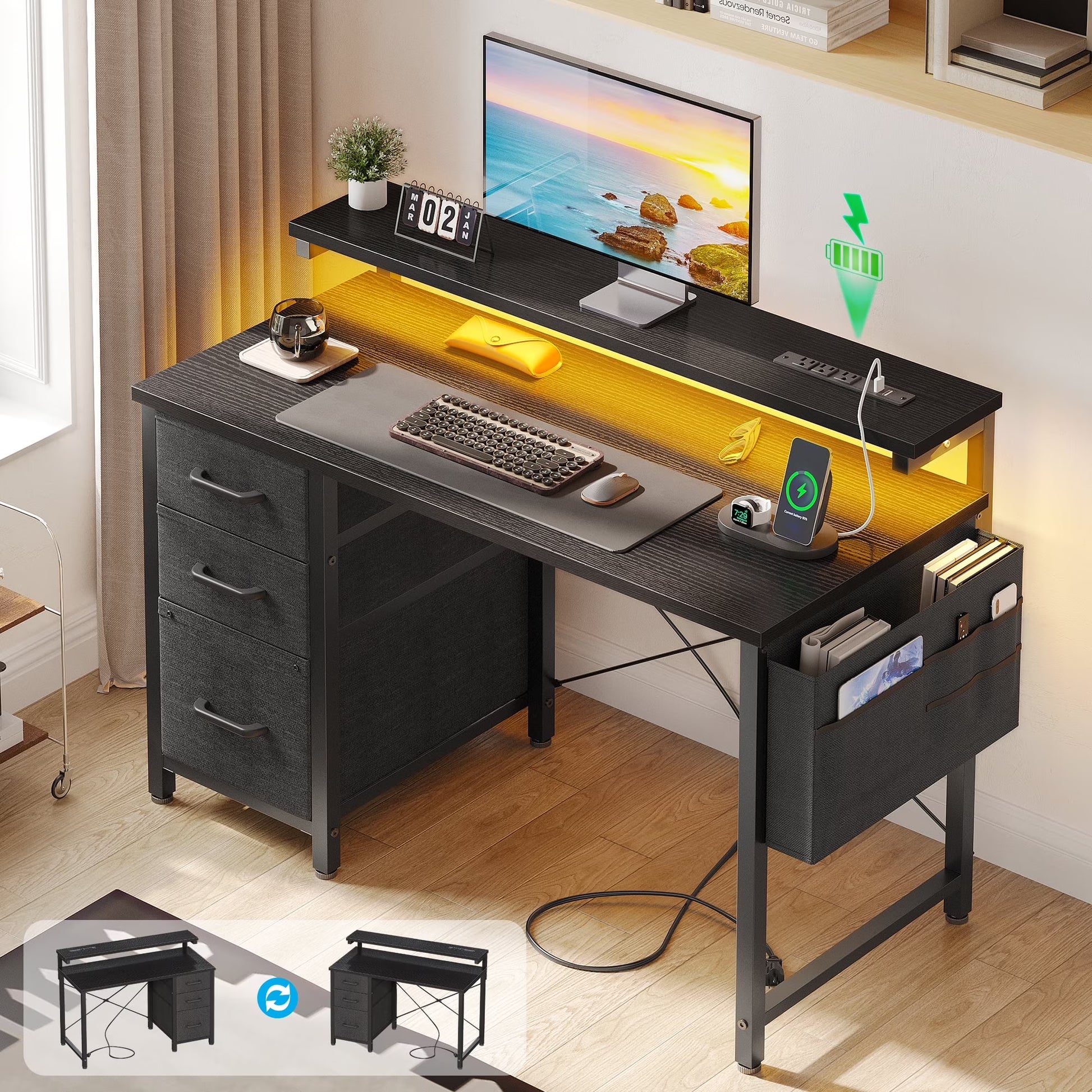 40 inch Computer Desk with Power Outlets & LED Lights, Home Office Desk with 3 Drawers & Adjustable Monitor Shelf,, Writing Desk with Storage Bag, Vintage