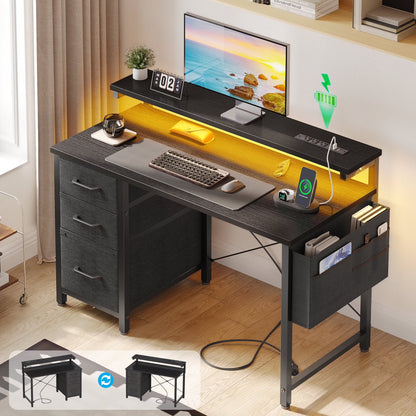 40 inch Computer Desk with Power Outlets & LED Lights, Home Office Desk with 3 Drawers & Adjustable Monitor Shelf,, Writing Desk with Storage Bag, Vintage