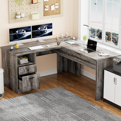 Homieasy L Shaped Desk with Power Outlets and USB Charging Ports, Lift Top Corner Computer Desk with Drawer, Large Office Desk with Storage Shelves, L Shaped Standing Desk for Home Office, Black Oak