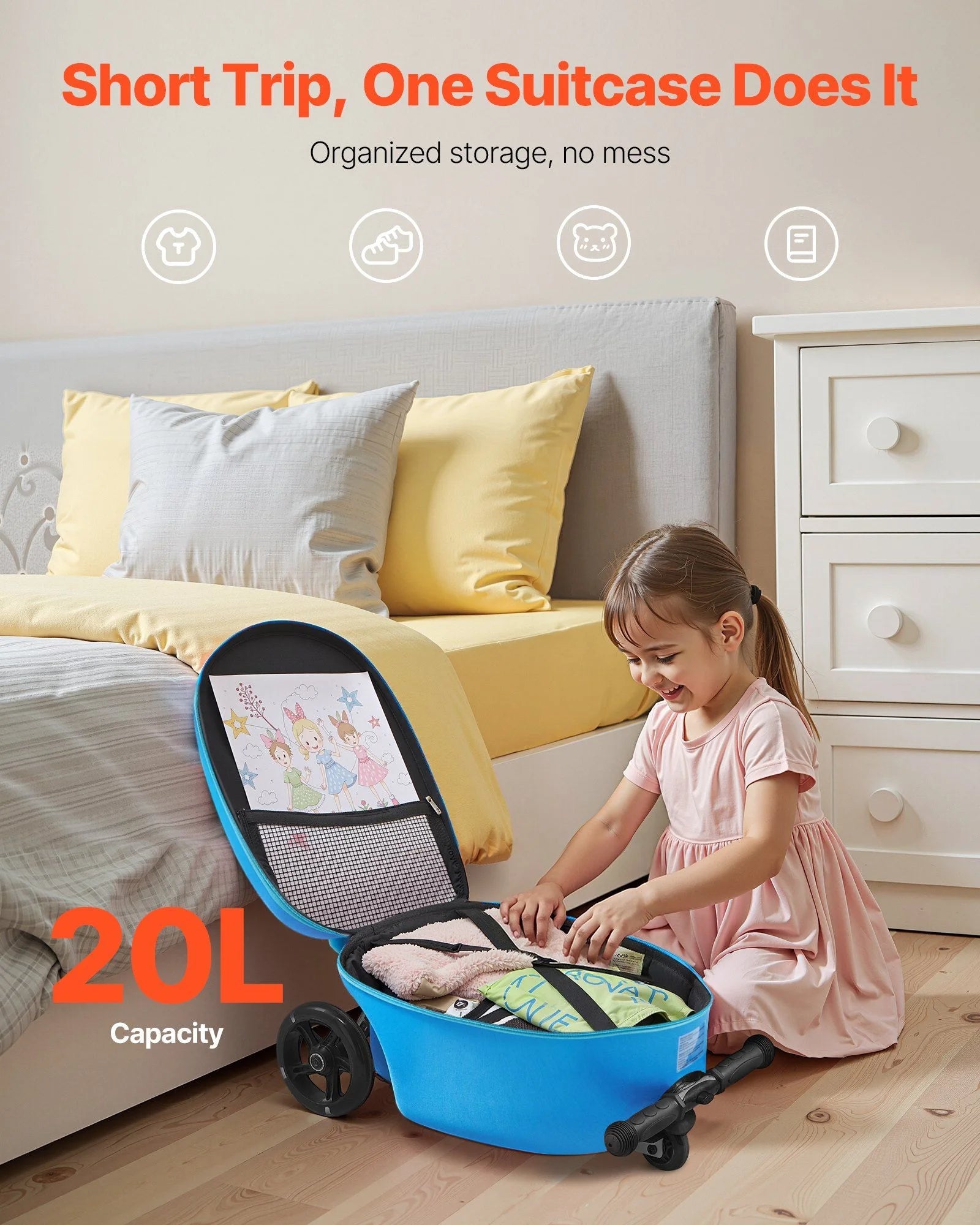 VEVOR Ride-on Luggage 20-inch Kids Scooter Suitcase with Flash Wheels Blue