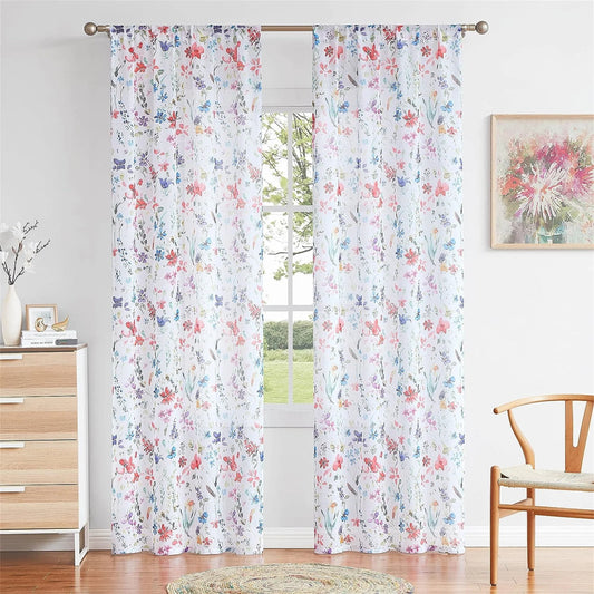 Fragrantex Watercolor Floral Sheer Curtains for Living Room 84 inch Long,Botanical Print Multi Flower Sheer Window Panels Rod Pocket 40"Wx84"L
