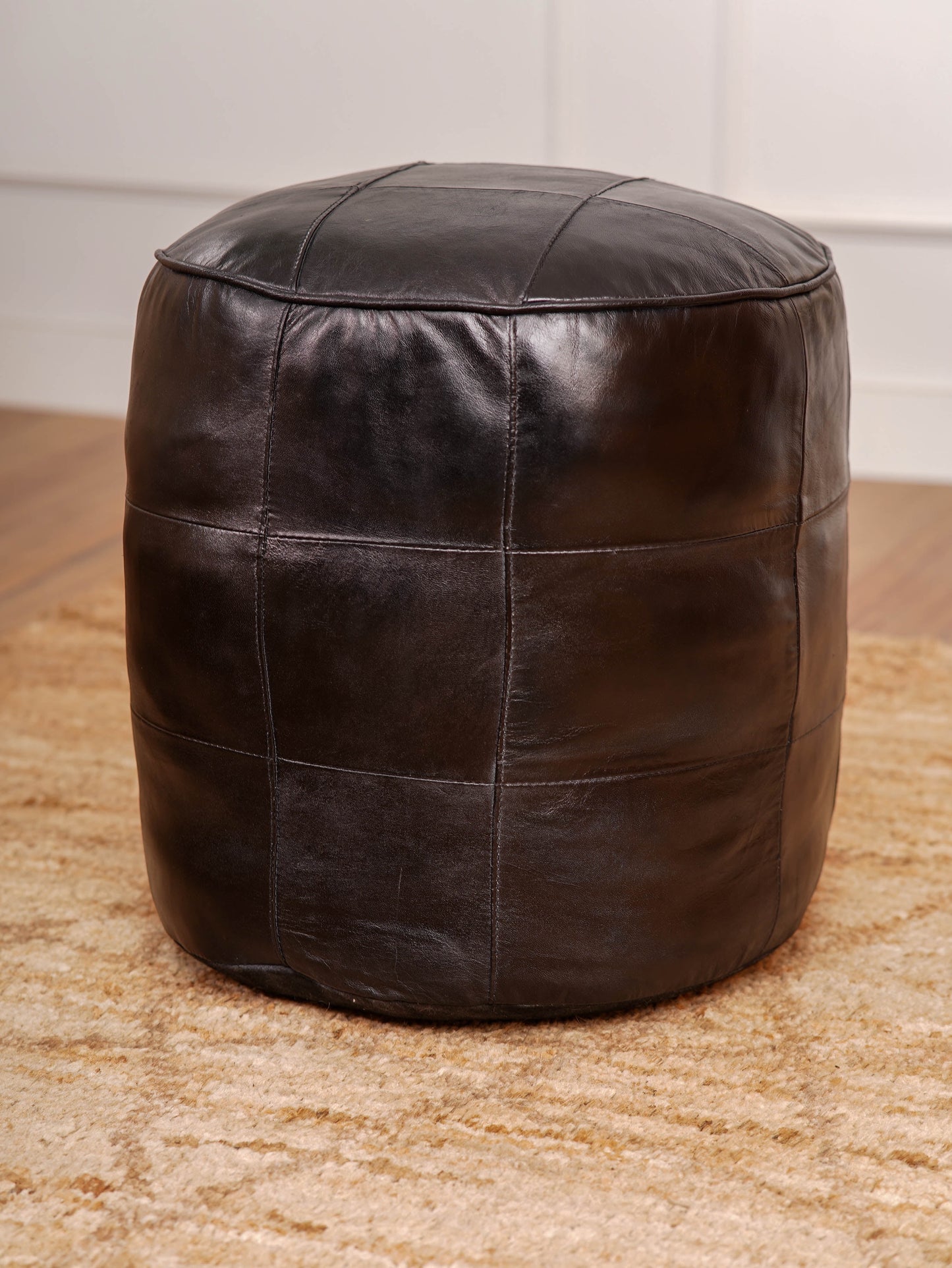 HANDMADE ECO-FRIENDLY ROUND SHAPED STUFFED LEATHER BLACK POUF - 14" x 14" x 14", Round Shape, Black Color, , Seating Pouf For Living Room, Study Room, Patio & Office