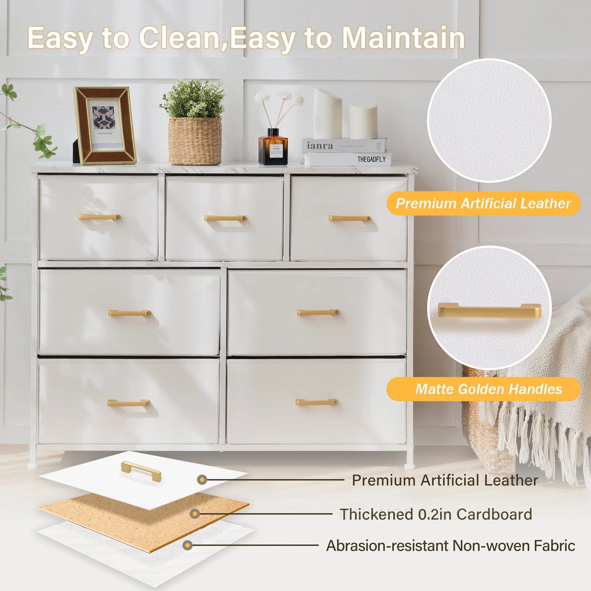 Bigroof 7 Drawer Fabric Dresser Accent White Dresser Chest Storage Organizer for Bedroom with Marbled WoodBoard and Artificial Leather for Living Room, Hallway, Entryway, Closet, Nursery, Kids Bedroom