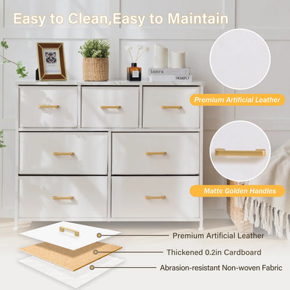 Bigroof 7 Drawer Fabric Dresser Accent White Dresser Chest Storage Organizer for Bedroom with Marbled WoodBoard and Artificial Leather for Living Room, Hallway, Entryway, Closet, Nursery, Kids Bedroom