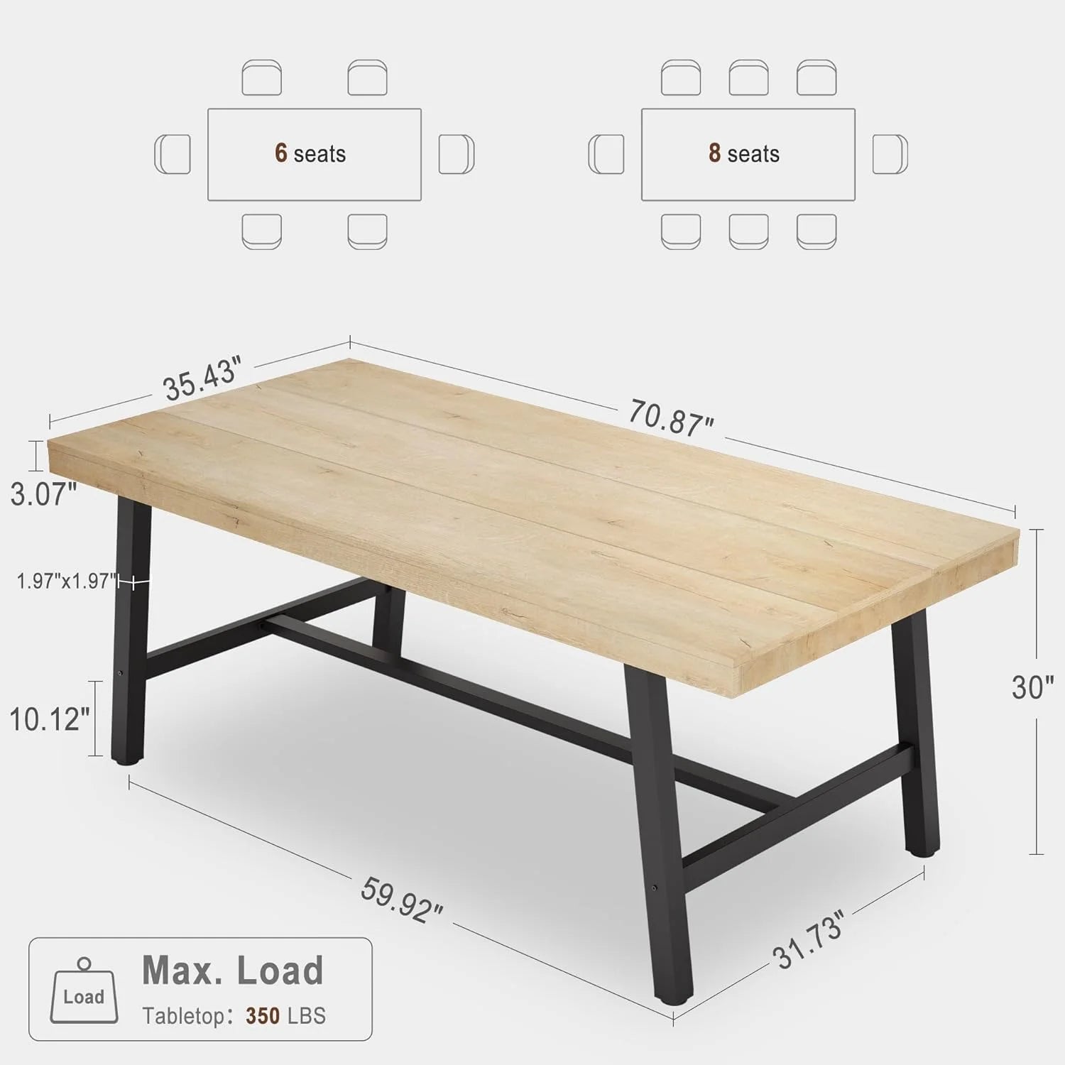 70 Inch Farmhouse Dining Table for 6 to 8, Large Rectangular Dinner Table for Dining Room, Home Office, Living Room, Gray