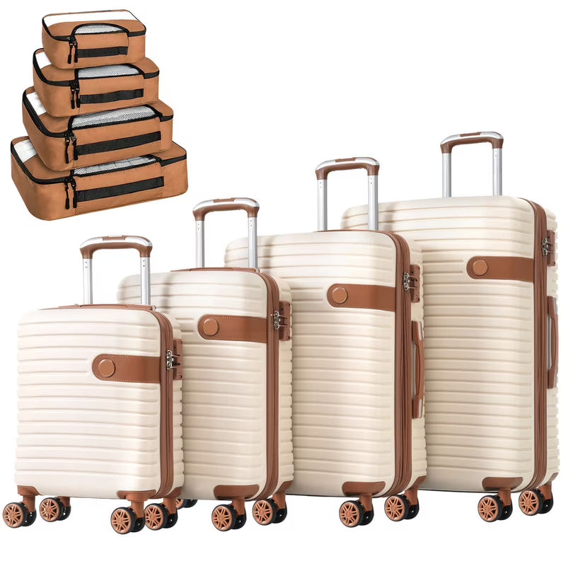 EBQOSK 4PCS Carry On Expandable Luggage Set with 4 Packing Cubes, 16/24/26/28 Inch Three-layer ABS Composite Suitcases with TSA Lock & 360° Spinner Wheels for Family Travel, Expand 25% Space Brown