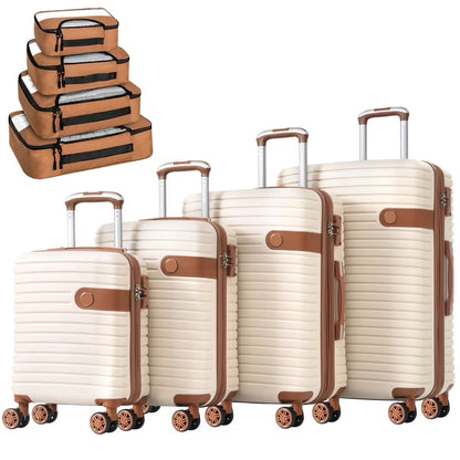 EBQOSK 4PCS Carry On Expandable Luggage Set with 4 Packing Cubes, 16/24/26/28 Inch Three-layer ABS Composite Suitcases with TSA Lock & 360° Spinner Wheels for Family Travel, Expand 25% Space Brown