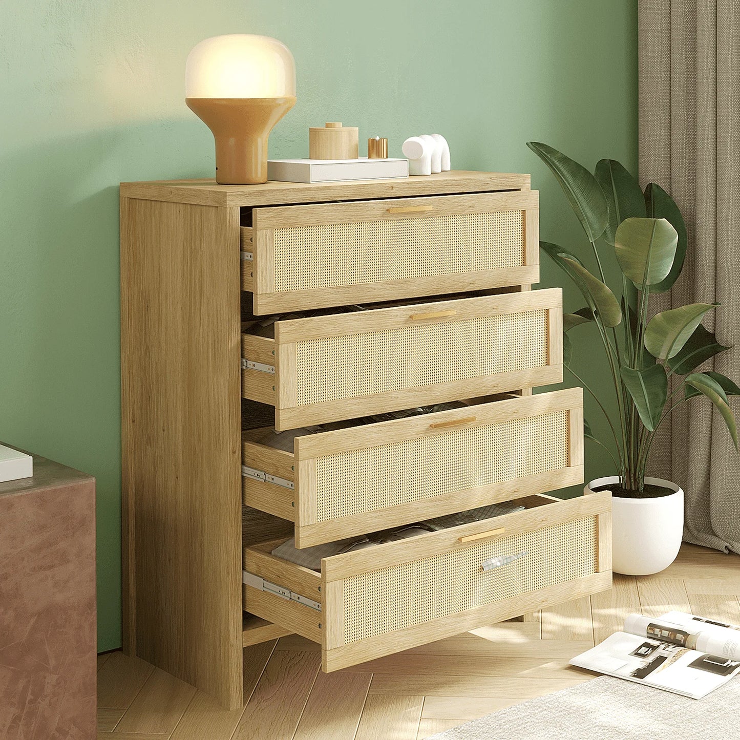 Richya Rattan Dresser with 4 Drawers, Wood Storage Cabinet for Living Room, Hallway, Nursery ,Bedroom