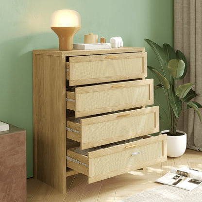 Richya Rattan Dresser with 4 Drawers, Wood Storage Cabinet for Living Room, Hallway, Nursery ,Bedroom