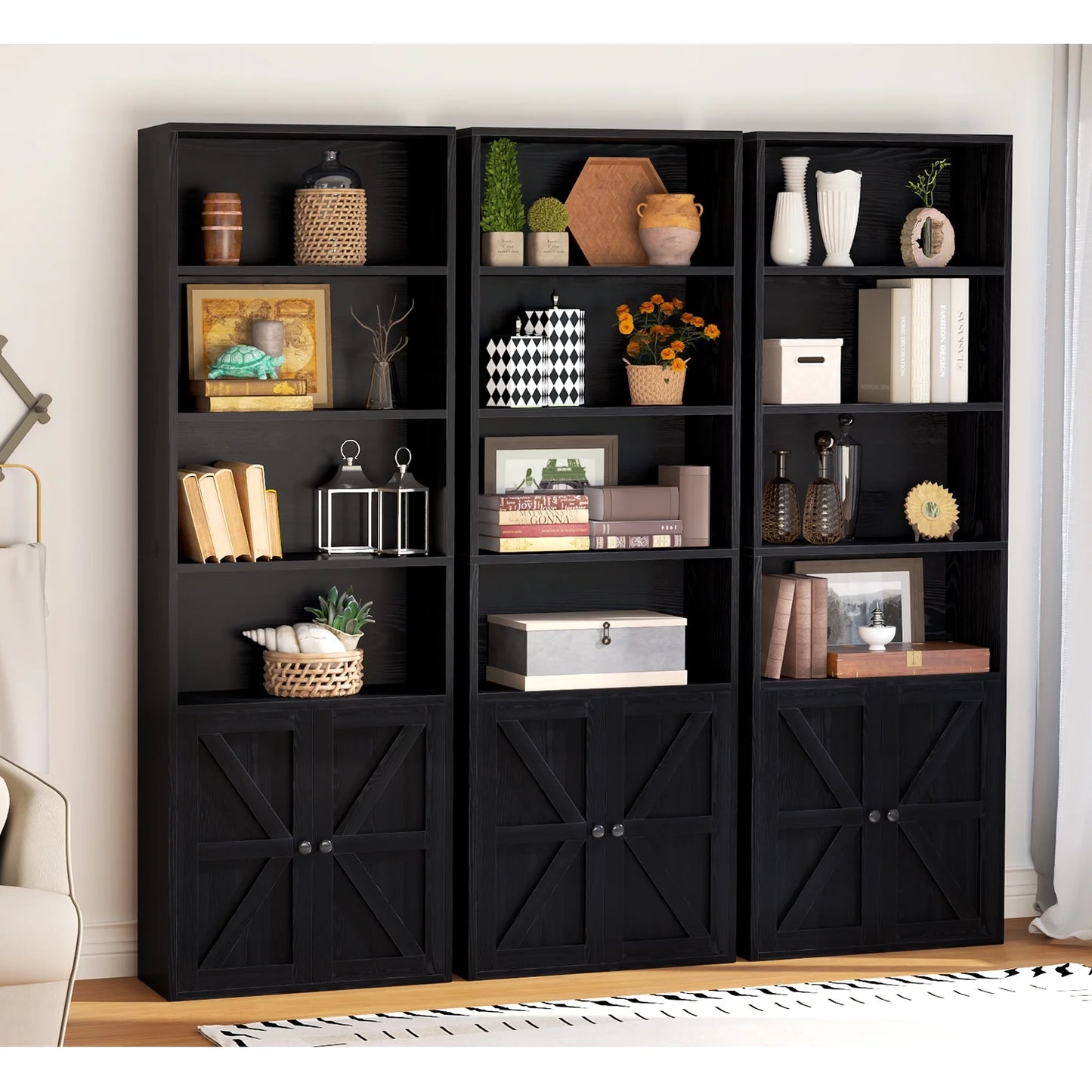Easoger 6 Tier Bookcase Set of 2, Bookshelves with Barn Cabinet Doors, Floor Bookshelves for Home Office, Living Room, Black