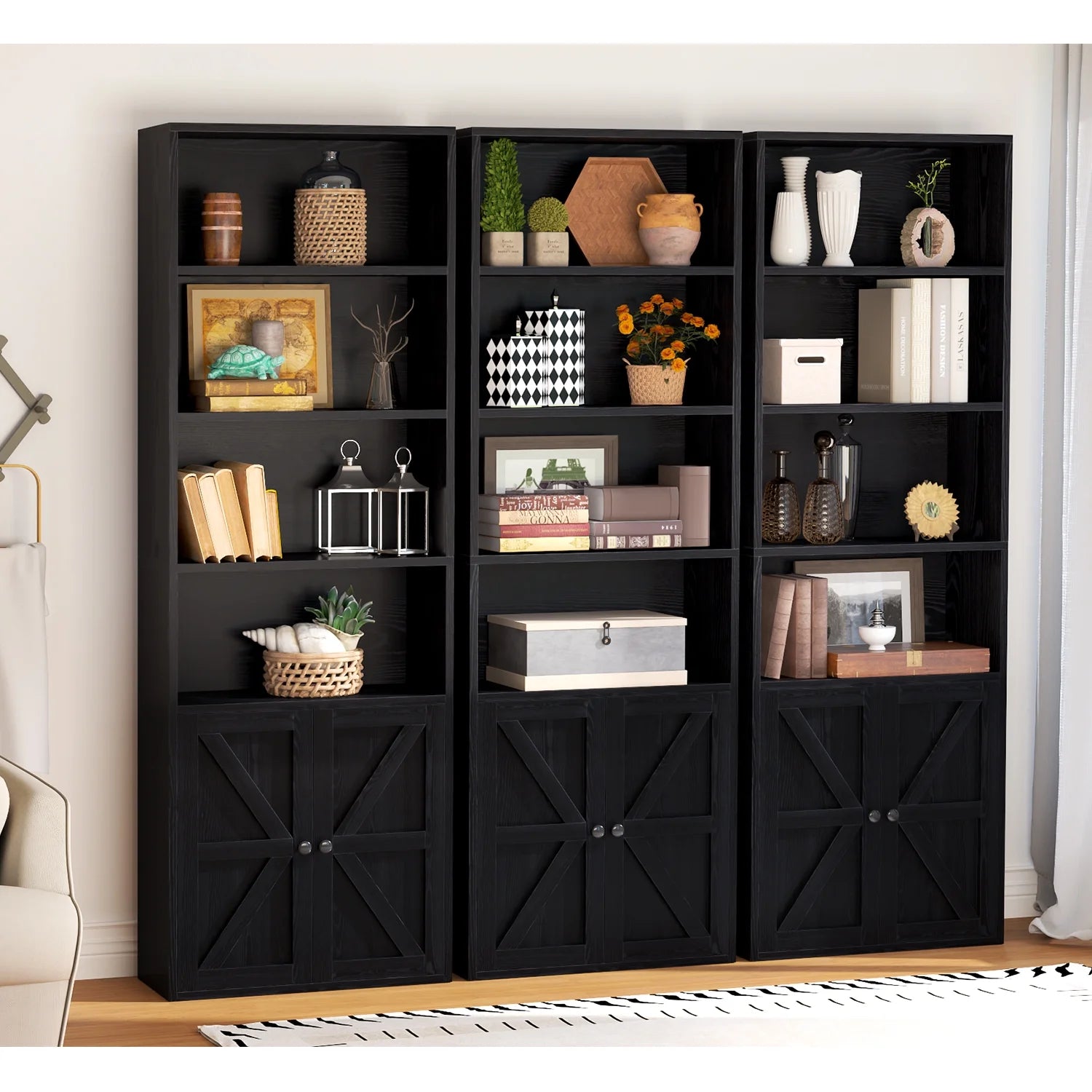 Easoger 6 Tier Bookcase Set of 2, Bookshelves with Barn Cabinet Doors, Floor Bookshelves for Home Office, Living Room, Black
