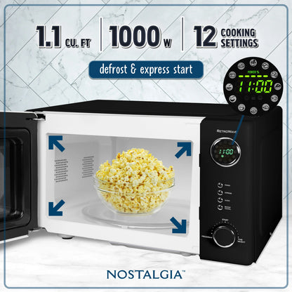 Nostalgia Retro Countertop Microwave Oven - Large 1000-Watt - 1.1 cu ft - 12 Pre-Programmed Cooking Settings - Digital Clock - Kitchen Appliances - Black
