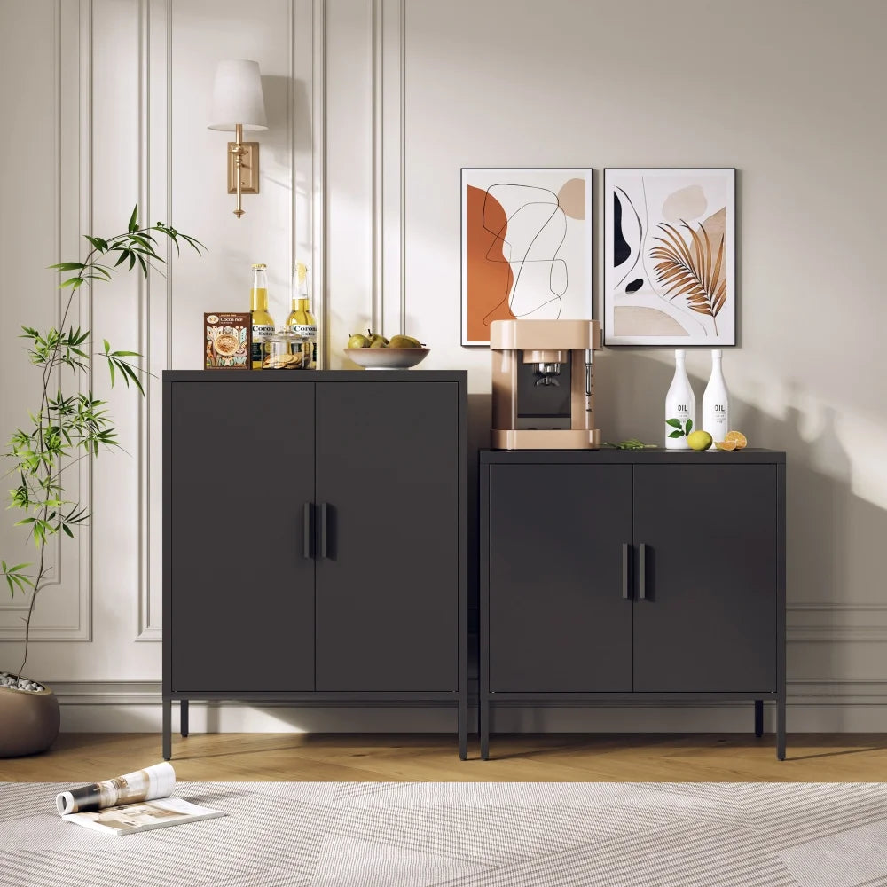31.5" Metal Storage Cabinet with 2 Doors and 2 Adjustable Shelves, Garage Storage Cabinet with Metal Handles, Metal File Cabinet for Home Office School Gym, Black