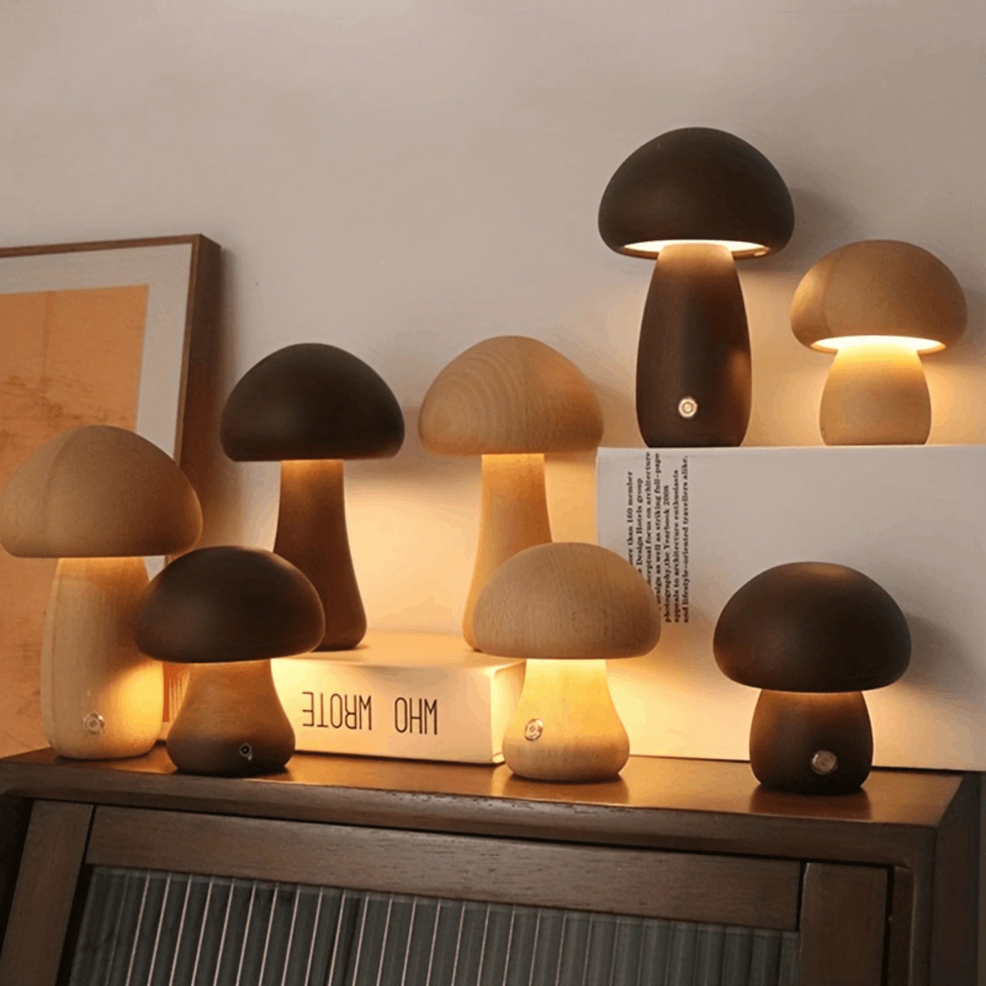 Mushroom Table Lamp, Dimmable LED Creative Wood Desk Lamp with USB Charging for Home Decor