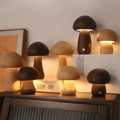 Mushroom Table Lamp, Dimmable LED Creative Wood Desk Lamp with USB Charging for Home Decor