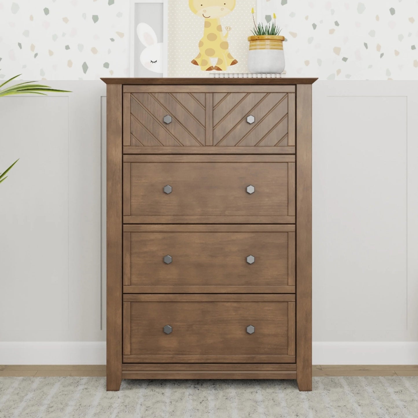 Child Craft Atwood 42" Interlocking 4-Drawer Chest for Nursery or Bedroom, Chevron Design, Anti-Tip Kit, Lunar Gray