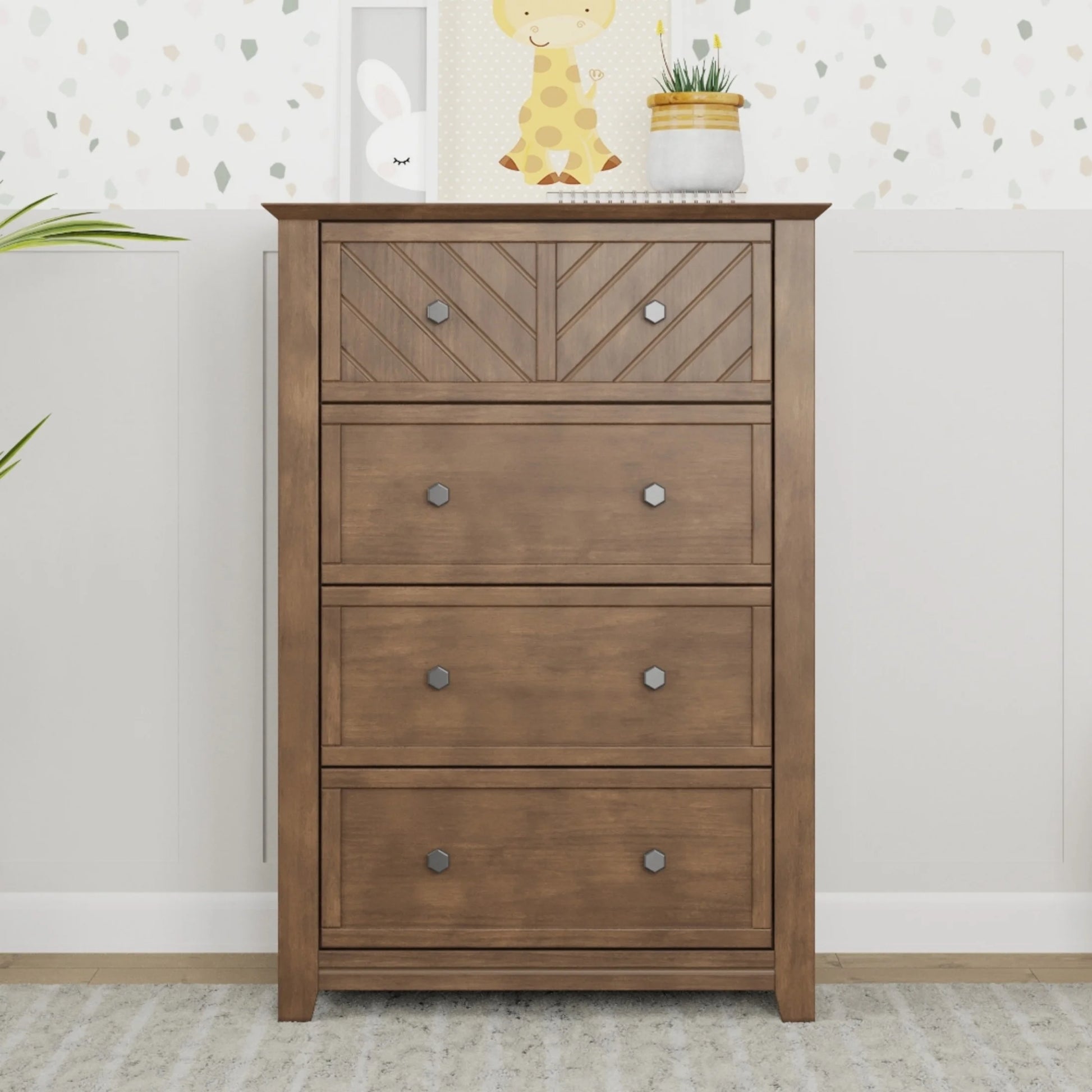 Child Craft Atwood 42" Interlocking 4-Drawer Chest for Nursery or Bedroom, Chevron Design, Anti-Tip Kit, Lunar Gray