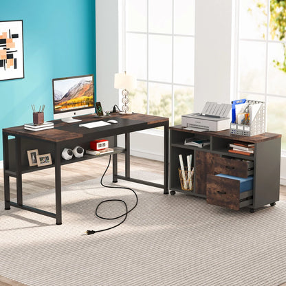 L-Shaped Computer Desk, 55 inches Executive Office Desk with File Cabinet and Power Outlet, Table Writing Desk with Drawers and Shelves, Business Furniture Set for Home Offices